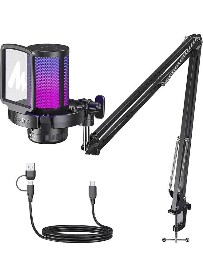 MAONO Gaming USB Microphone, Noise Cancellation Condenser mic with Mute, Gain, Monitoring, Boom Arm for Streaming, Podcast, Twitch, YouTube, Discord, PC, Computer, PS4, PS5, Mac, GamerWave DGM20S - Image 1